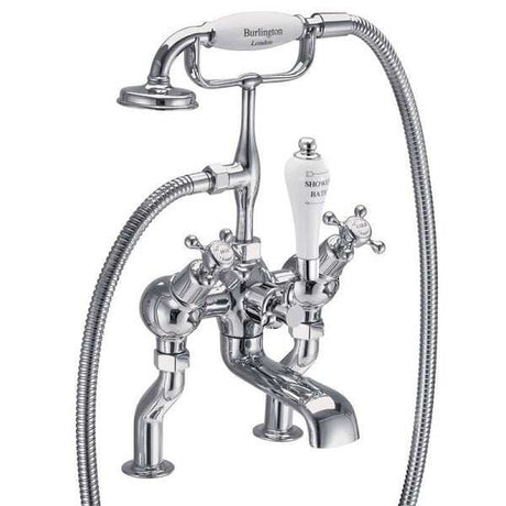 Burlington Claremont chrome deck mounted angled bath shower mixer with classic handles and handheld showerhead