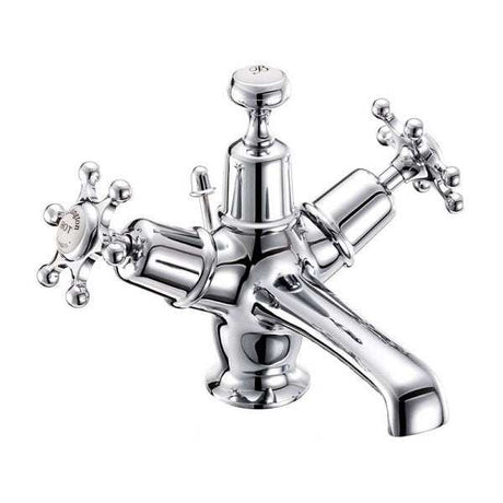 Burlington Birkenhead Monobloc chrome basin mixer with traditional cross tap handles and pop-up waste mechanism