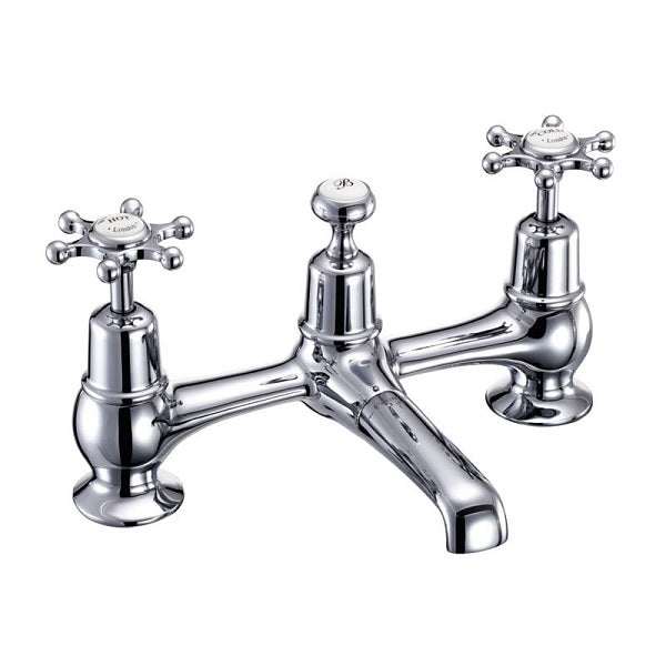 Chrome Burlington Birkenhead bridge basin mixer with plug and chain waste and dual cross handles