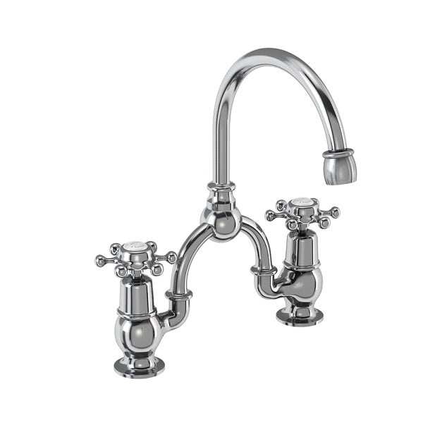 Burlington Birkenhead Bridge curved spout basin mixer in chrome with elegant bridge design and dual handles