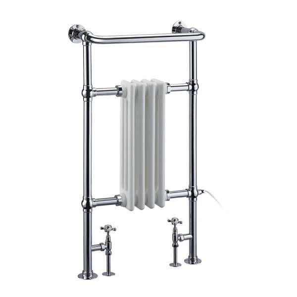 Burlington Bloomsbury white and chrome radiator towel rail with brass construction and vintage design, 950mm high by 500mm wide.