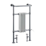 Burlington Bloomsbury white and chrome radiator towel rail with brass construction and vintage design, 950mm high by 500mm wide.