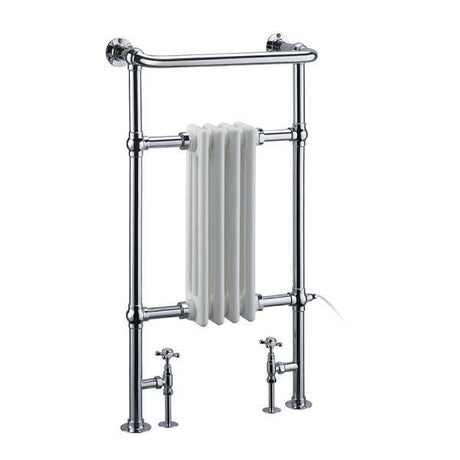 Burlington Bloomsbury white and chrome radiator towel rail with brass construction and vintage design, 950mm high by 500mm wide.
