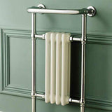 Burlington Bloomsbury white and chrome radiator towel rail with brass construction mounted on green wall