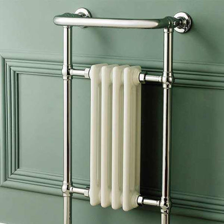 Burlington Bloomsbury white and chrome radiator towel rail with brass construction mounted on green wall