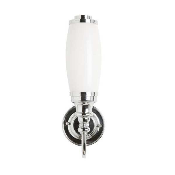 Burlington ornate bathroom wall light with chrome finish and frosted glass diffuser, 360mm high x 120mm wide, splashproof and energy-efficient LED