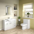 White Nuie Floor Standing Mayford Vanity Unit with 1 tap hole ceramic basin in modern bathroom setting with mirror cabinet and adjacent toilet unit