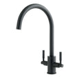 Matt black dual lever kitchen sink mixer tap with curved spout and modern design