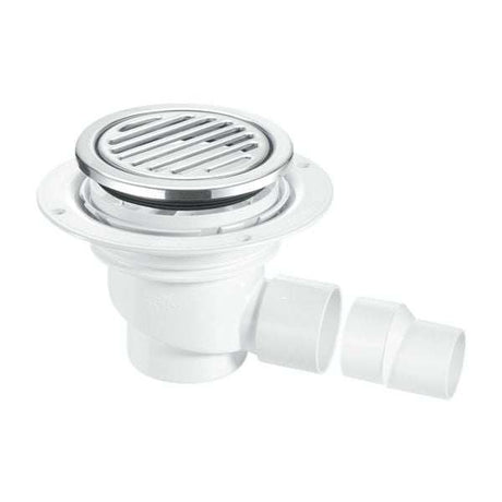 Mcalpine 125mm Circular Polished Stainless Steel ABS 75mm Water Seal Gully with Horizontal Outlet for Tiled or Stone Floors - TSG1-R125SS