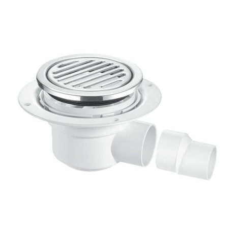 Mcalpine 125mm Circular Polished Stainless Steel 50mm Water Seal Gully with Horizontal Outlet for Tiled or Stone Floor - TSG50-R125SS