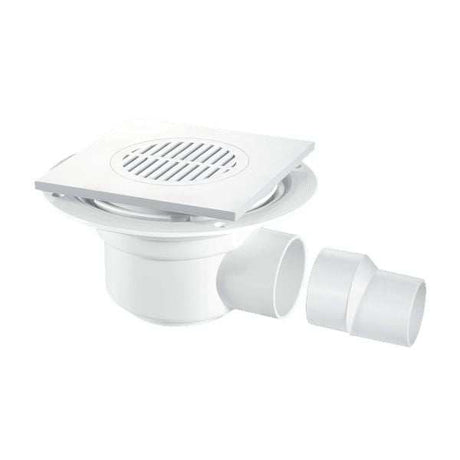 Mcalpine 150mm Square White ABS 50mm Water Seal Gully with Horizontal Outlet for Tiled or Stone Floor - TSG50T6WH