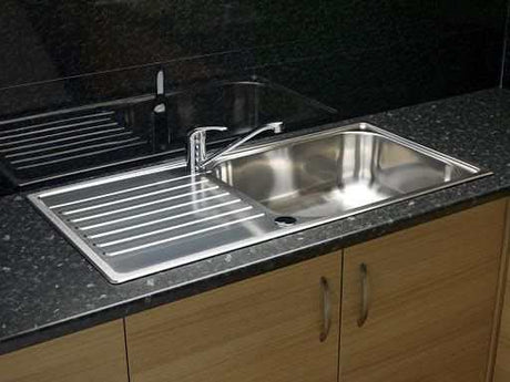 Reginox Stainless Steel Minister 10 Elegance inset reversible kitchen sink with large bowl and side drainer in polished finish