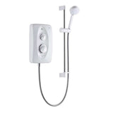 Mira Jump 7.5kW white electric shower with chrome adjustable showerhead and separate power and temperature controls