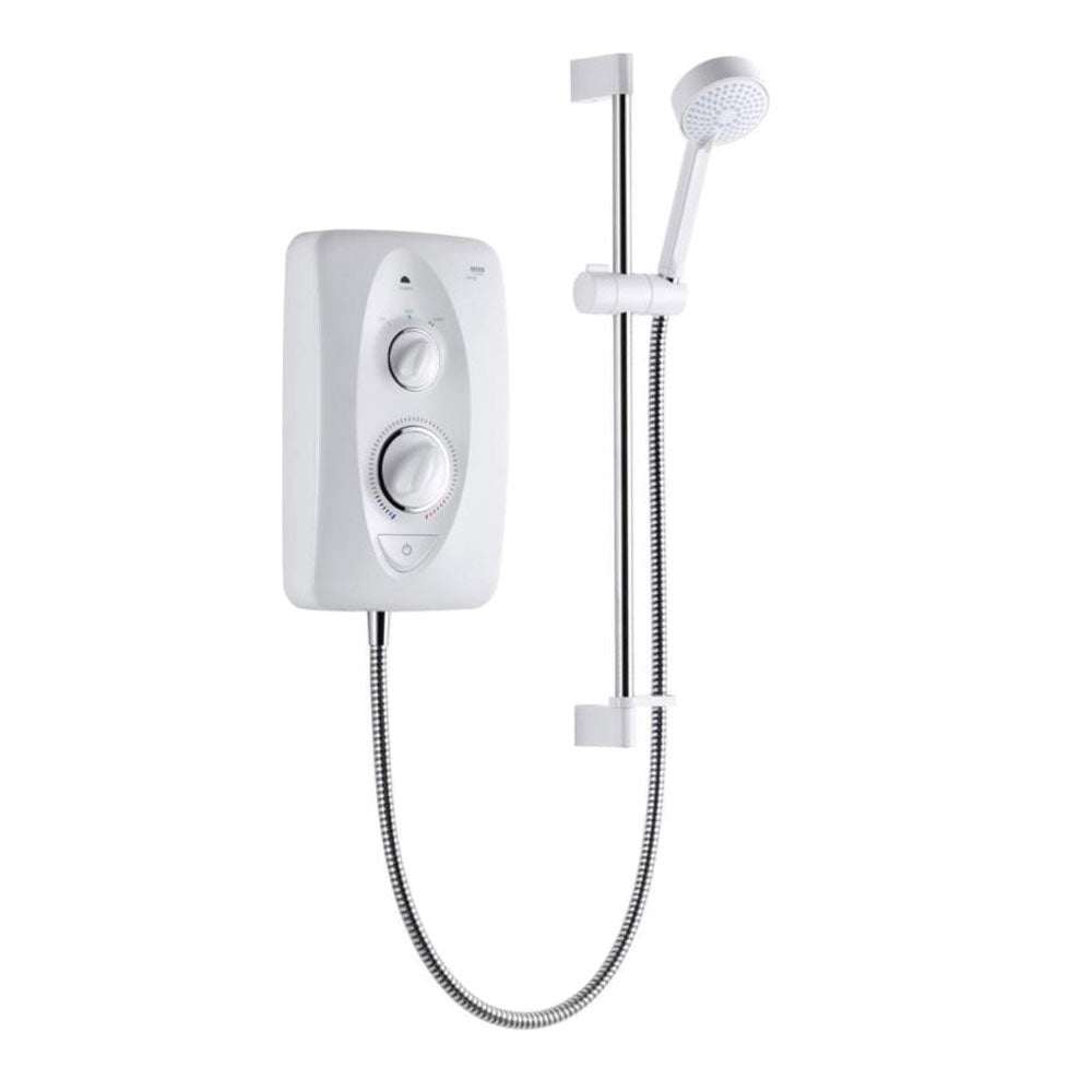 Mira Jump 8.5kw white and chrome electric shower with adjustable showerhead and dual control dials