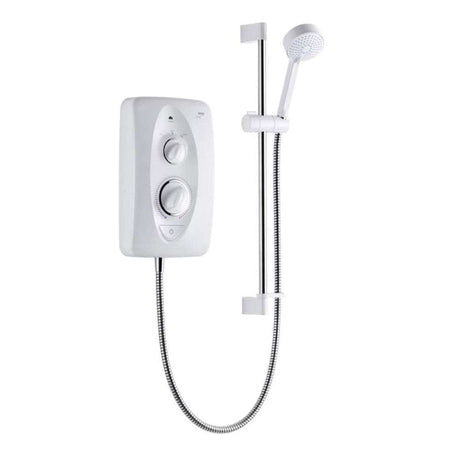Mira Jump 8.5kw white and chrome electric shower with adjustable showerhead and dual control dials