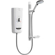 Mira Advance 8.7KW electric shower in white and chrome with thermostatic control, four-spray showerhead, slide bar, and eco setting