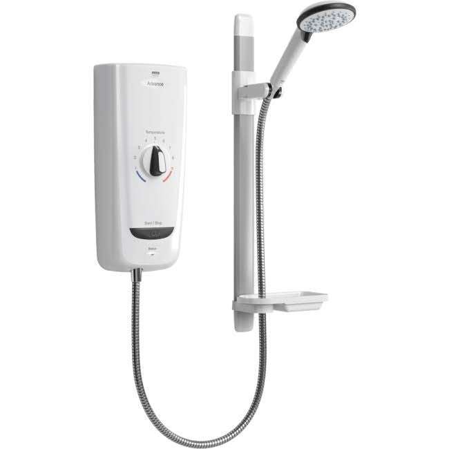 Mira Advance 8.7KW electric shower in white and chrome with thermostatic control, four-spray showerhead, slide bar, and eco setting
