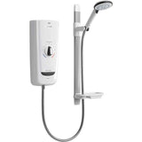 Mira Advance 8.7KW electric shower in white and chrome with thermostatic control, four-spray showerhead, slide bar, and eco setting
