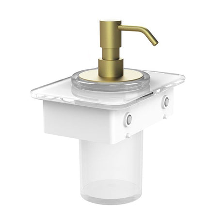 Vado Muse Soap Dispenser With 150mm White Glass Shelf - Satin Brass - MUS-082B-WHT-SBR