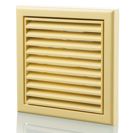 Blauberg plastic vented fixed blade air ventilation louvred grille in cotswold stone color with insect mesh and 150mm duct connection
