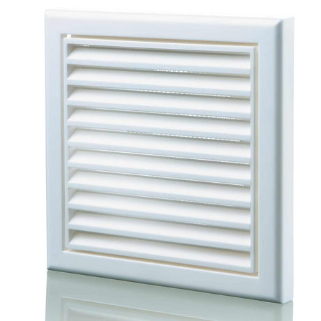 Blauberg plastic vented fixed blade air ventilation louvred grille in white, 150mm with insect mesh and removable core.