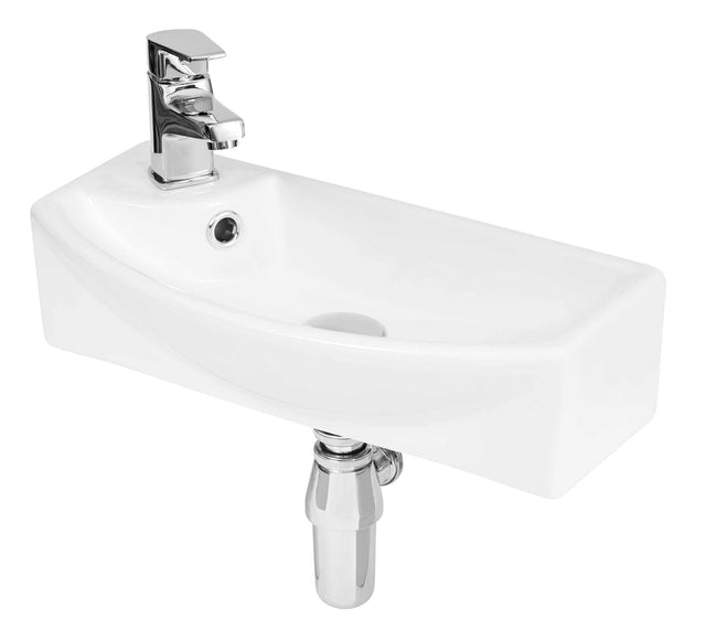 White rectangular wall hung basin 450mm wide with single left tap hole and chrome tap for compact bathrooms