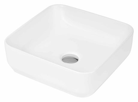 White square Hudson Reed Vessel Sit-On countertop basin with 365mm width and no tap hole, made from vitreous china.
