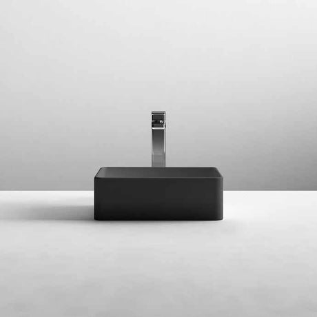 Nuie Vessels Sit-On Matt Black rectangular countertop basin 365mm wide with modern faucet