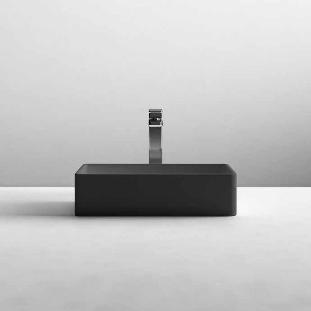 Nuie Rectangular Basin sit-on countertop basin in matt black with sleek, modern rectangular design