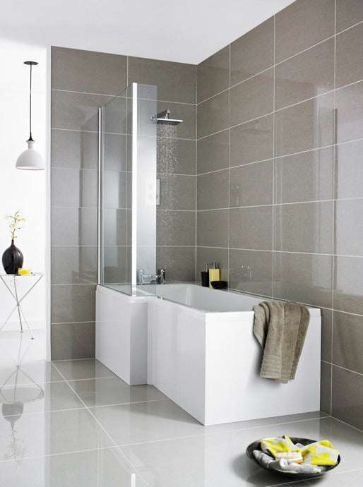 Modern bathroom with Nuie Amelia Gloss White 1700mm bath front panel and glass shower screen