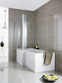 Modern bathroom with Nuie Amelia Gloss White 1700mm bath front panel and glass shower screen