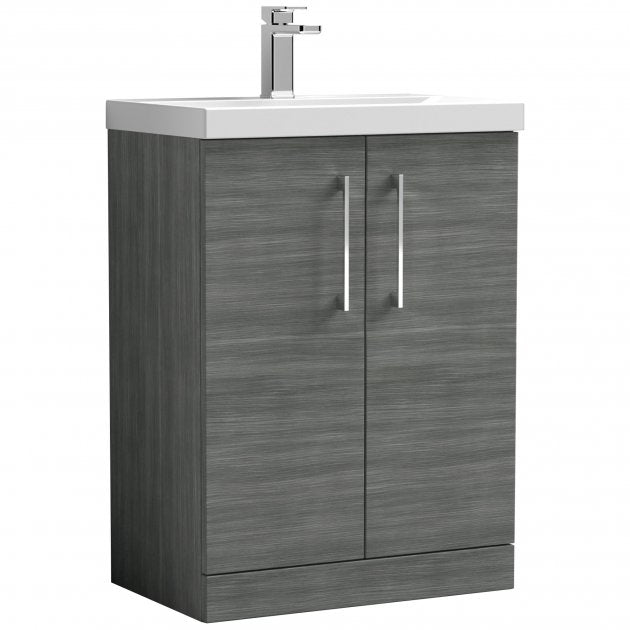 Nuie Arno 600mm Wide Floor Standing 2-Door Vanity Unit with Basin-3 - Anthracite Woodgrain - ARN503D