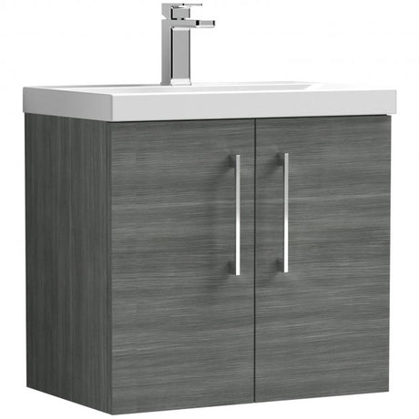 Nuie Arno 600mm Wide Wall Hung 2-Door Vanity Unit with Basin-3 - Anthracite Woodgrain - ARN523D