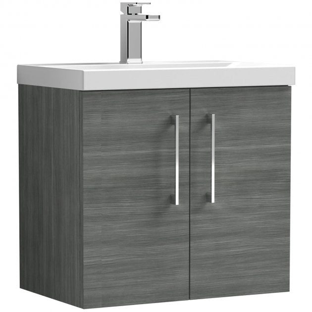 Nuie Arno 600mm Wide Wall Hung 2-Door Vanity Unit with Basin-3 - Anthracite Woodgrain - ARN523D