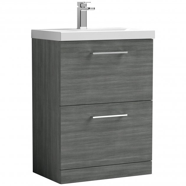 Nuie Arno 600mm Wide Floor Standing 2-Drawer Vanity Unit with Basin-1 - Anthracite Woodgrain - ARN533A