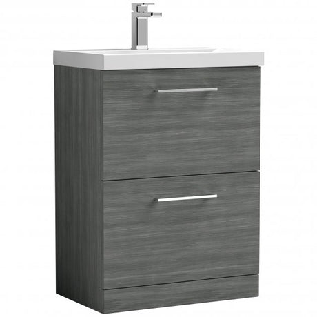 Nuie Arno 600mm Wide Floor Standing 2-Drawer Vanity Unit with Basin-1 - Anthracite Woodgrain - ARN533A