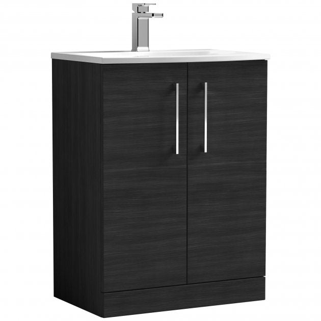 Nuie Arno 600mm Wide Floor Standing 2-Door Vanity Unit with Basin-4 - Black Woodgrain - ARN603G