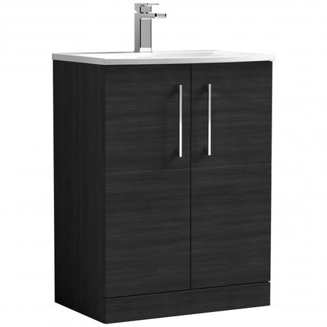 Nuie Arno 600mm Wide Floor Standing 2-Door Vanity Unit with Basin-4 - Black Woodgrain - ARN603G