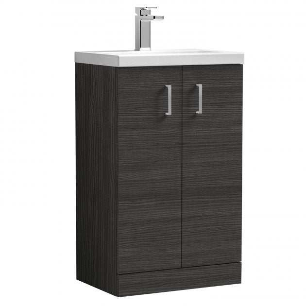 Nuie Arno 2-door floor standing vanity unit in hacienda black with polymarble basin and chrome handles, 500mm wide