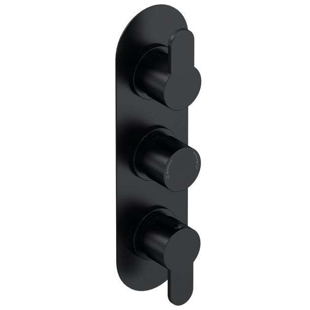 Nuie Arvan Thermostatic triple handle concealed shower valve in matte black with brass construction and dual outlet control