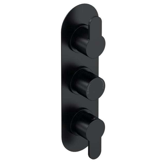 Nuie Arvan Diverter triple handle thermostatic concealed shower valve in matte black finish
