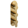 Nuie Arvan Thermostatic triple handle concealed shower valve in brushed brass with sleek modern design and precise temperature control