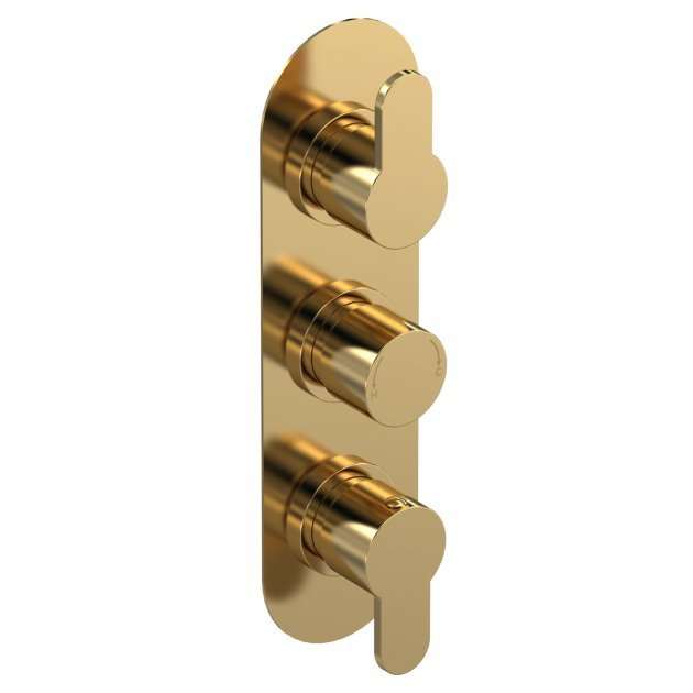 Nuie Arvan Thermostatic triple handle concealed shower valve in brushed brass with sleek modern design and precise temperature control