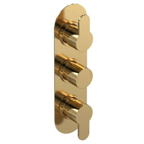 Nuie Arvan Thermostatic triple handle concealed shower valve in brushed brass with sleek modern design and precise temperature control