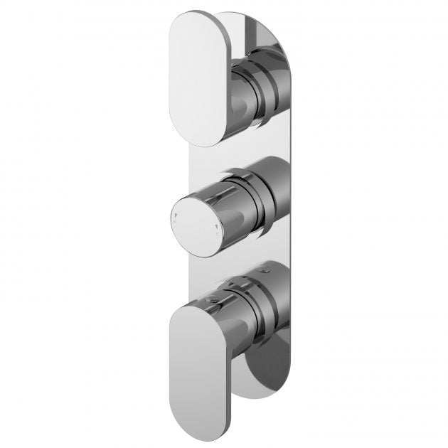 Nuie Binsey triple handle thermostatic concealed shower valve in chrome with three controls for water flow and temperature.