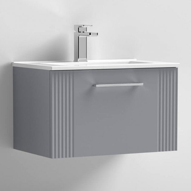 Nuie Deco 600mm Wide Wall Hung 1-Drawer Vanity Unit with Basin-2 - Satin Grey - DPF294B