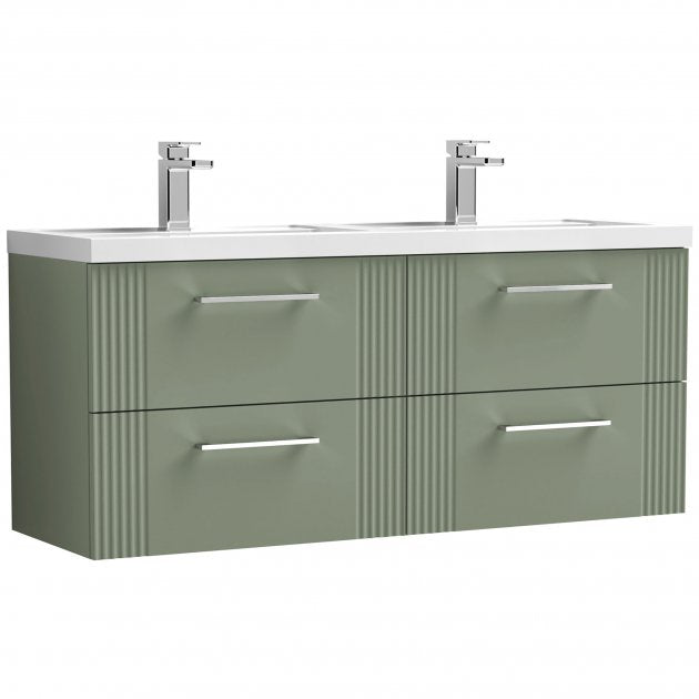 Nuie Deco 1200mm Wide Wall Hung 4-Drawer Vanity Unit with Double Polymarble Basin - Satin Green - DPF893C