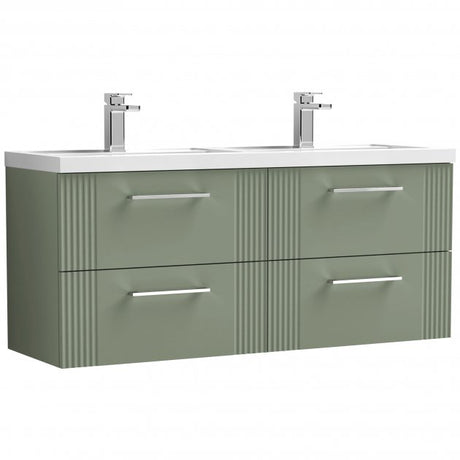 Nuie Deco 1200mm Wide Wall Hung 4-Drawer Vanity Unit with Double Polymarble Basin - Satin Green - DPF893C