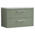 Nuie Deco 800mm Wide Wall Hung 2-Drawer Vanity Unit with Bellato Grey Worktop - Satin Green - DPF895LBG