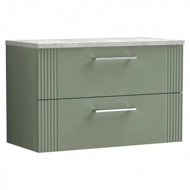 Nuie Deco 800mm Wide Wall Hung 2-Drawer Vanity Unit with Bellato Grey Worktop - Satin Green - DPF895LBG